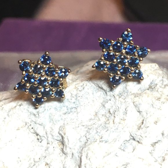 Natural Sapphire Earrings Star Of David 9K Yellow Gold Studs Australian Gems - Picture 4 of 15